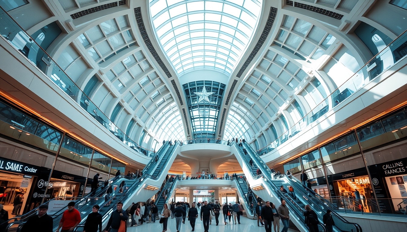 A futuristic shopping mall with glass ceilings and escalators, filled with shoppers. - Image