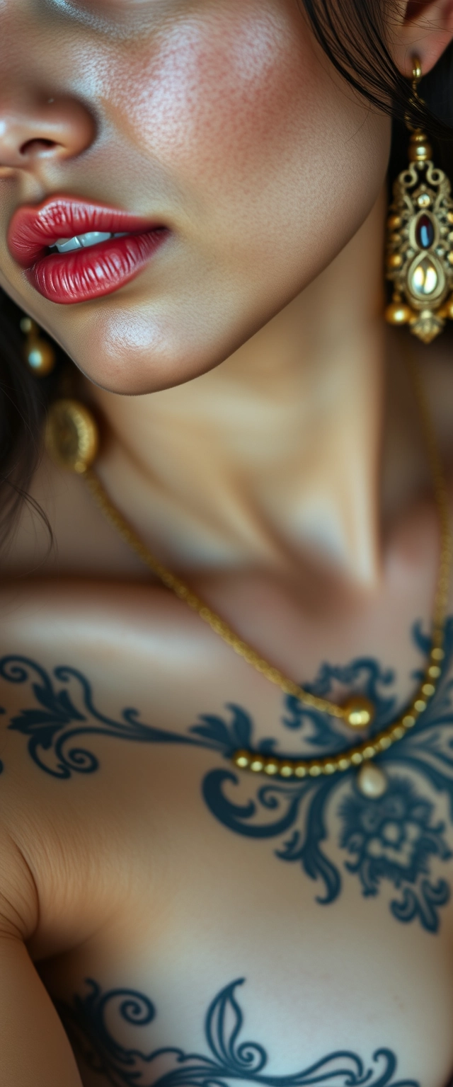 Close-up view of the tattooed chest of a fair-skinned Korean-Indian woman with beautiful facial features and blue eyes, wearing gold ornaments, looking sideways.