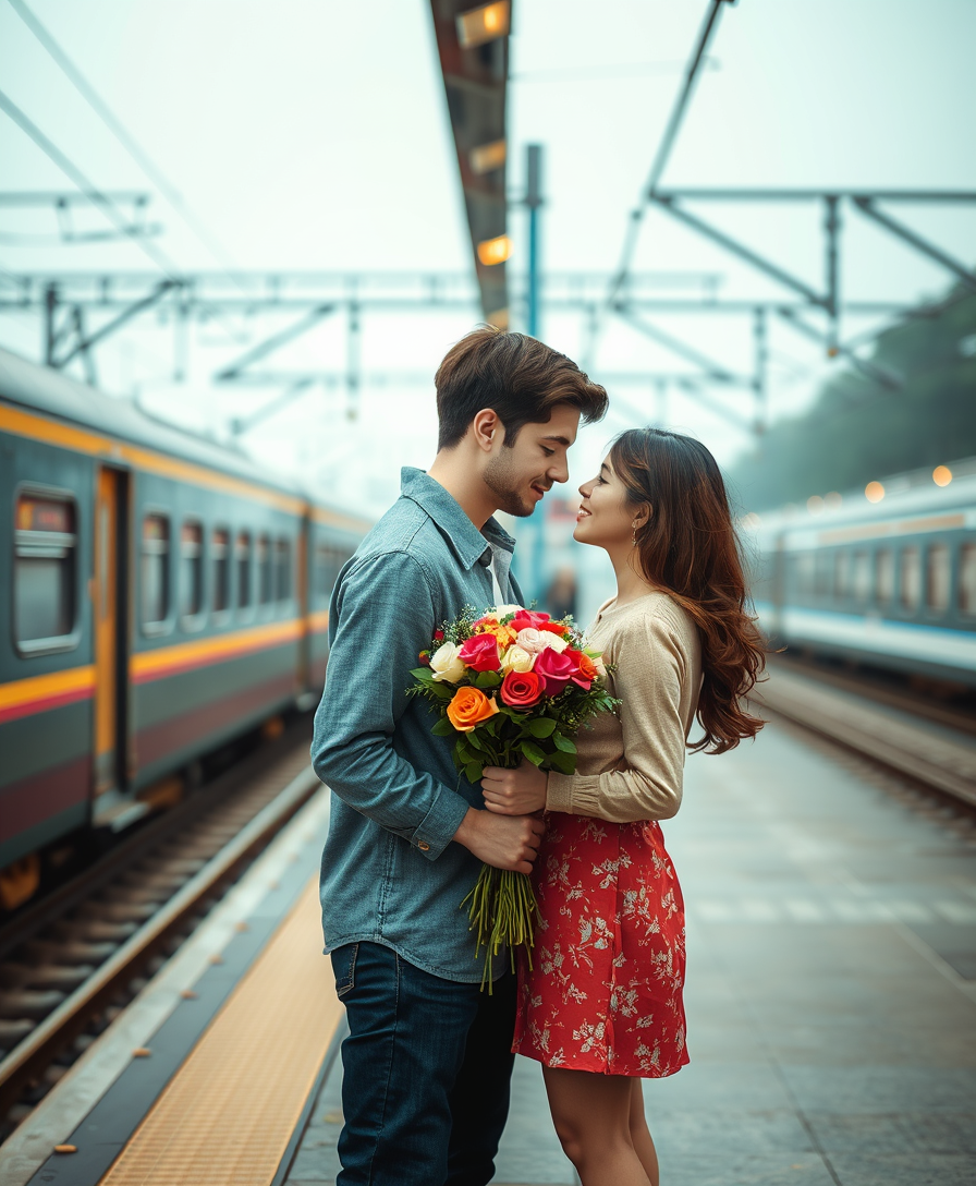 A romantic scene on the platform near the train, a young man and a girl in love look at each other tenderly, the guy has a bouquet of flowers in his hands.