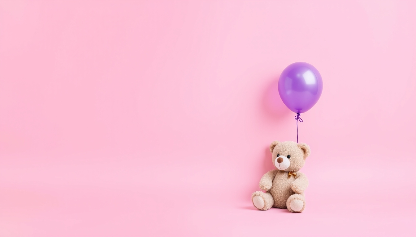 Plain pink background for product photography with a single purple balloon and teddy bear, realistic, bright light, high resolution.