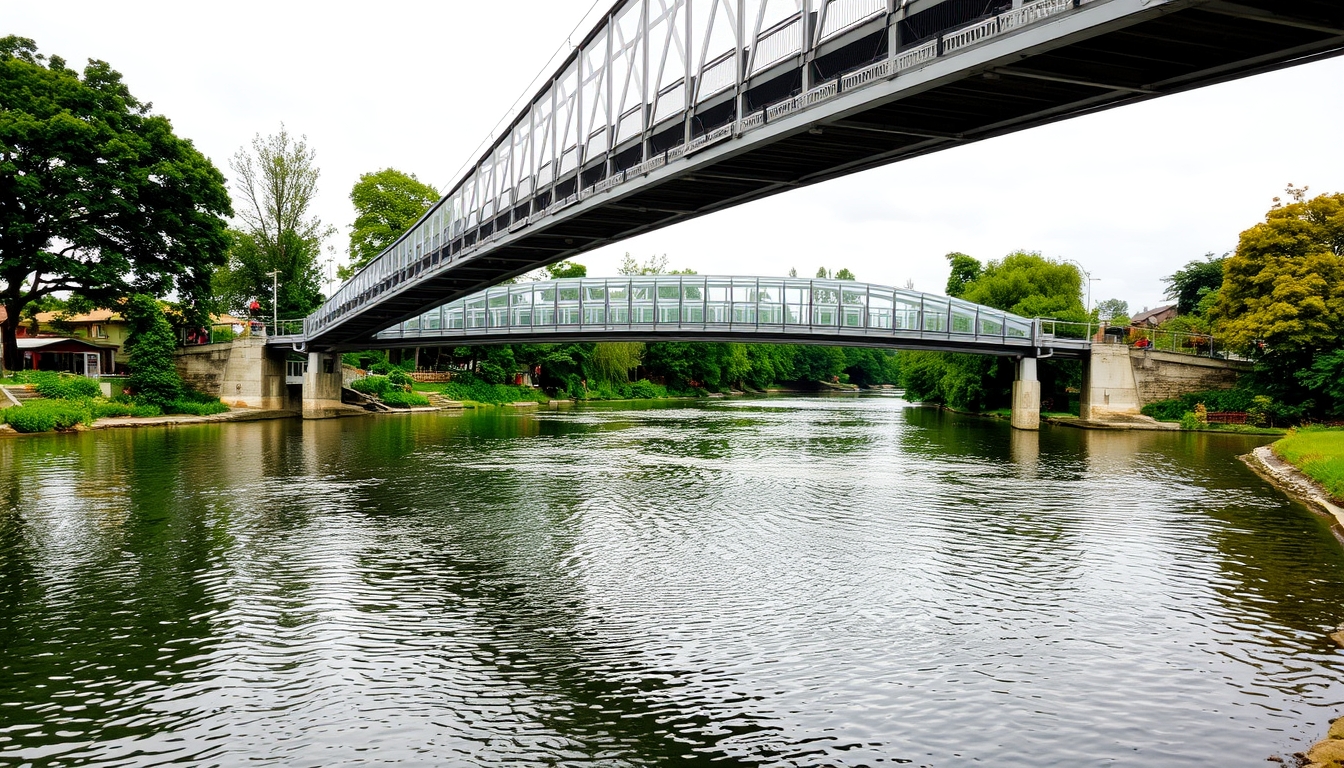 A serene river scene with a glass-bottomed bridge crossing over it. - Image