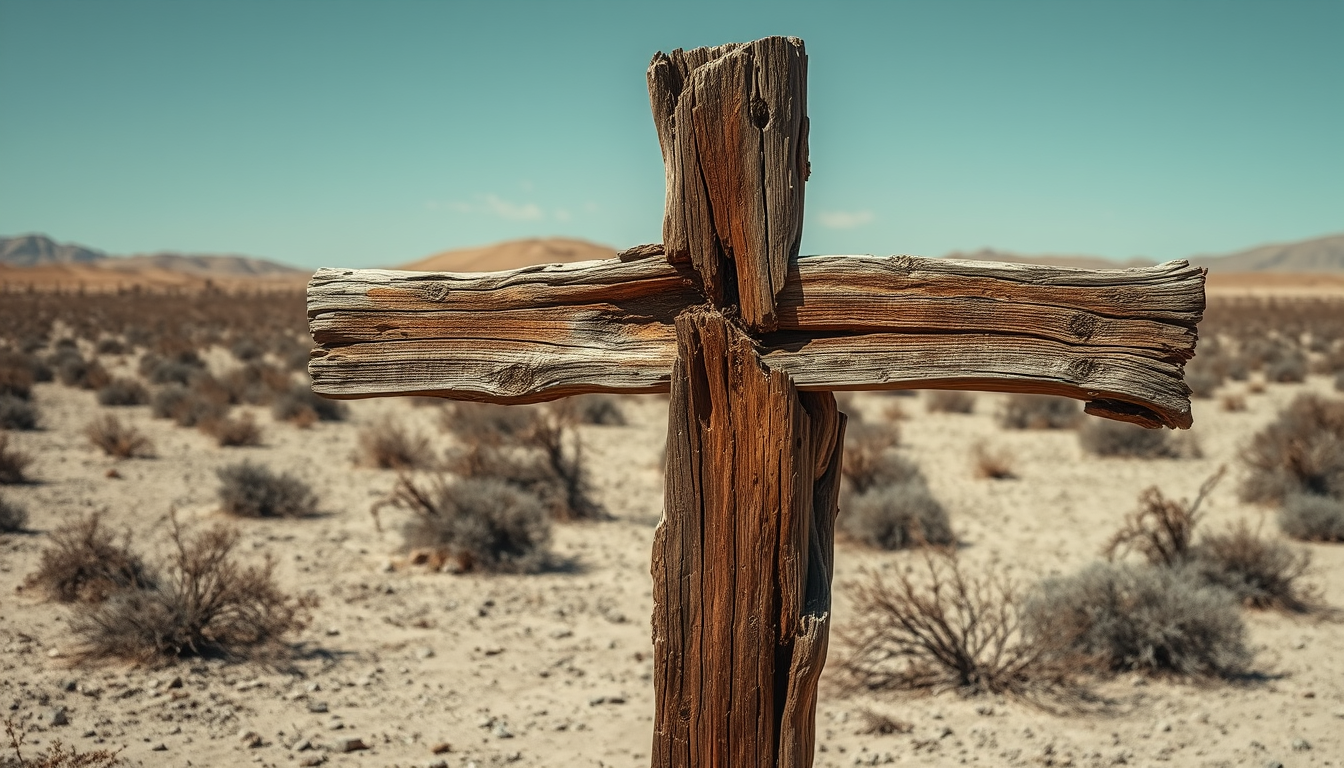 A wooden cross that is badly crumbling with severe fungal degradation, wet rot, and dry rot. The cross is standing in a barren desert landscape. The overall feel is depressing and desolate. - Image