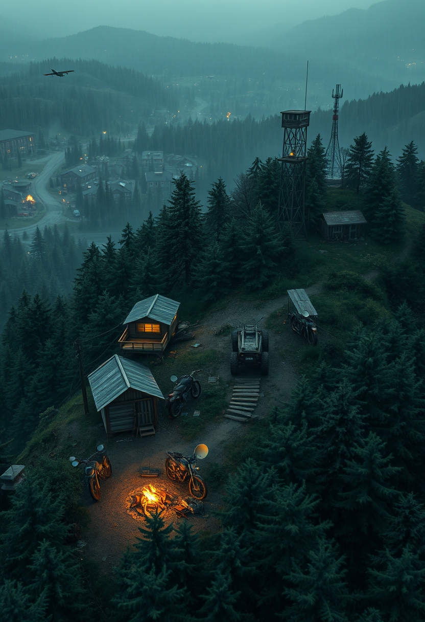 Photo realistic drone shot in a thick evergreen forest of a wooden outpost next to a cabin, a small campfire, a pile of rusty parts, some old motorbikes, an old makeshift armored vehicle mounted with a large machine gun and a makeshift rocket launcher, and a wooden watchtower all on a large hill with satellite dishes next to a radio tower, all in a hilly landscape. There are yellow, orange, red and faint green glows emitting from the cabin and the outpost. In the distance there's an old overgrown town with brick buildings that's barely visible, with only faint glows emitting from a few of the windows and a small campfire barely visible. Sprinkled in the distance are small and slightly hidden outposts, old structures, radio towers, shacks, and watchtowers. Faint explosions and gunshots in the far distance accompanied by dogfighting warplanes. The entire landscape is covered in a jungle of tall evergreen trees, with occasional wet gravel and rich dirt roads winding through. The weather is warm, rainy, and cozy under a cloudy sky with a post-apocalyptic atmosphere and retro liminal feeling to it.