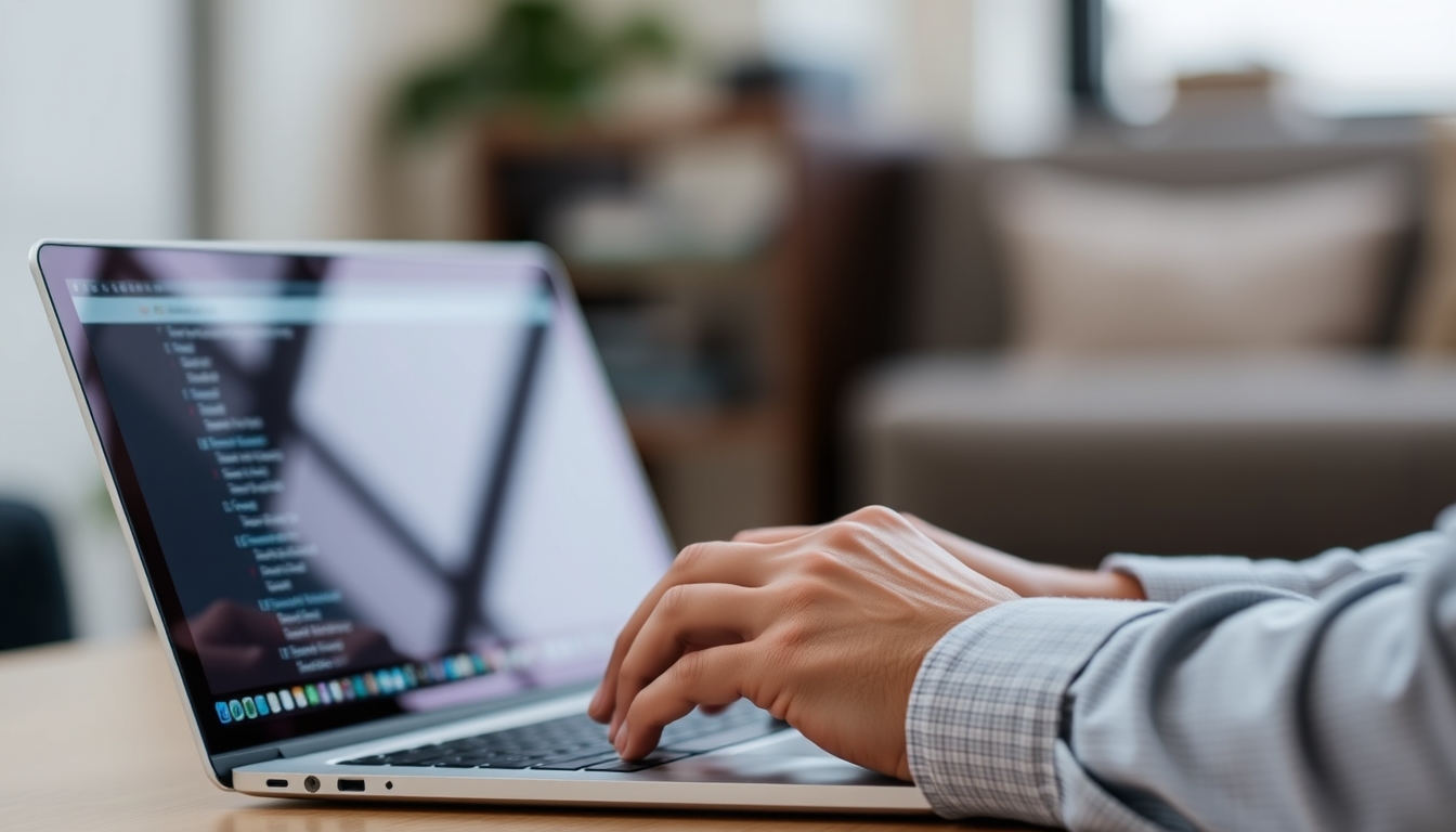 A man typing on a laptop with a blurry background.