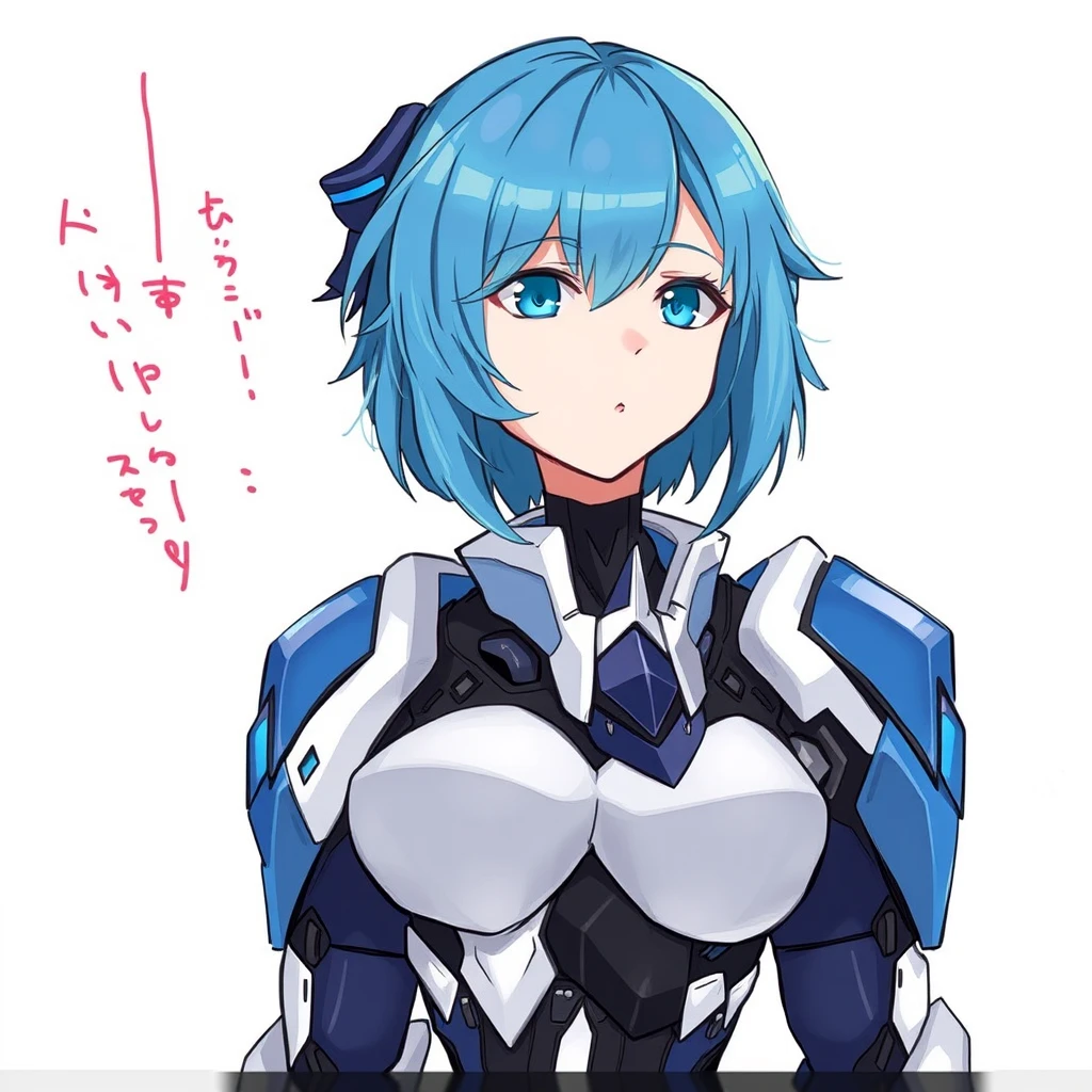 This is an illustration of a character that appears to be a blend of human and robotic features. The character has a humanoid form with a feminine appearance, including blue hair and blue eyes. The character's body is adorned with what seems to be armor or a suit with a predominantly white and blue color scheme, which could suggest a futuristic or cybernetic theme. The design is detailed and suggests a high level of craftsmanship, with a focus on the character's face and the intricate details of the armor.