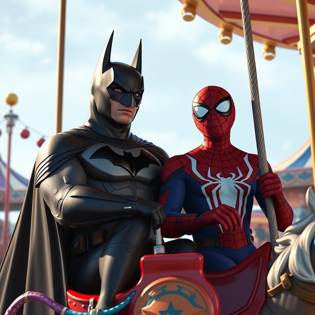 Realistic-style Batman and Spider-Man enjoying a carousel ride together at an amusement park.