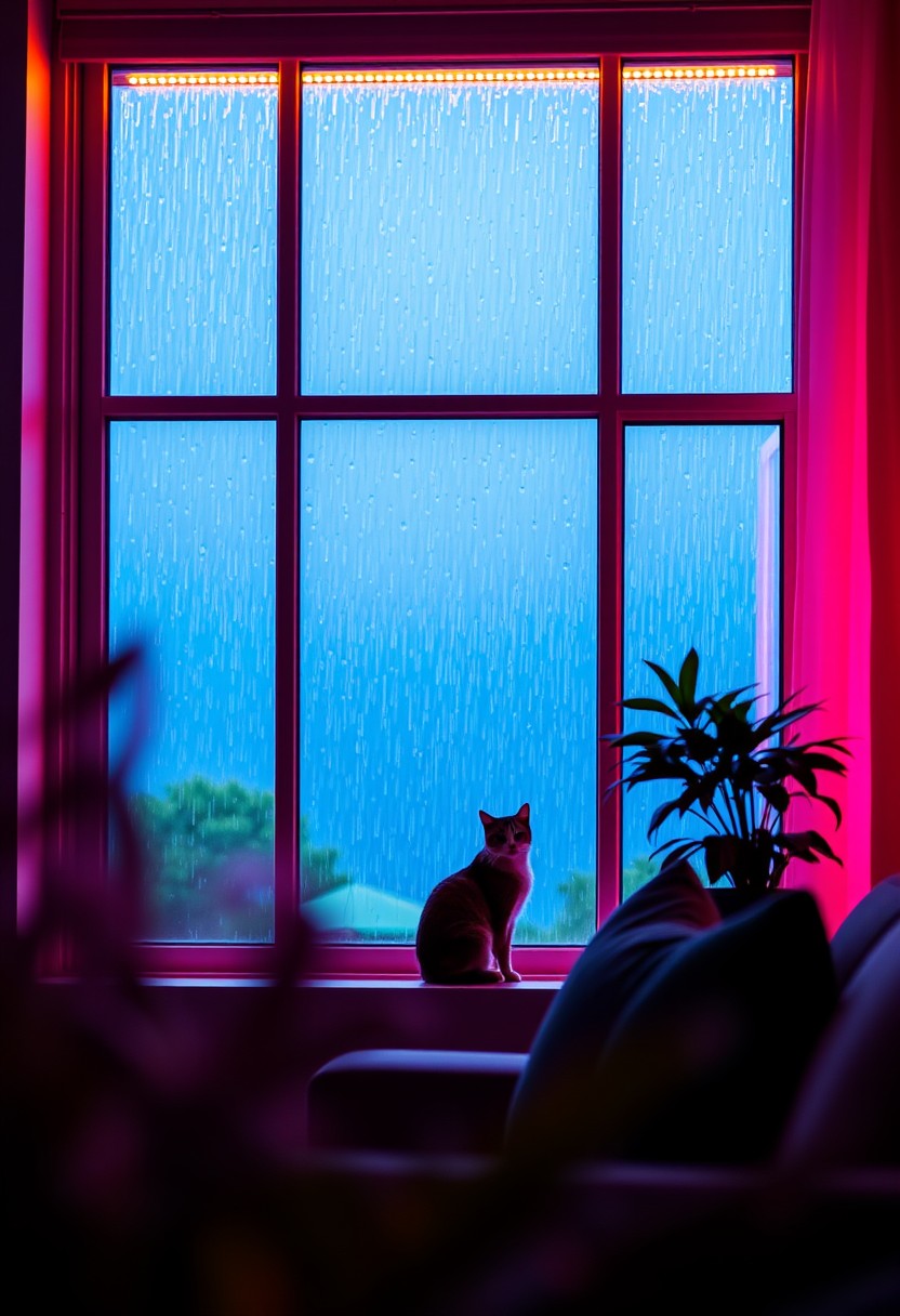 a large east design window, there was a huge rainstorm outside the window, aesthetic sense, royal blue, glowing neon yellow, pink, depth of field, foreground blur, comfortable, comfortable, relaxed, a cat, master composition.