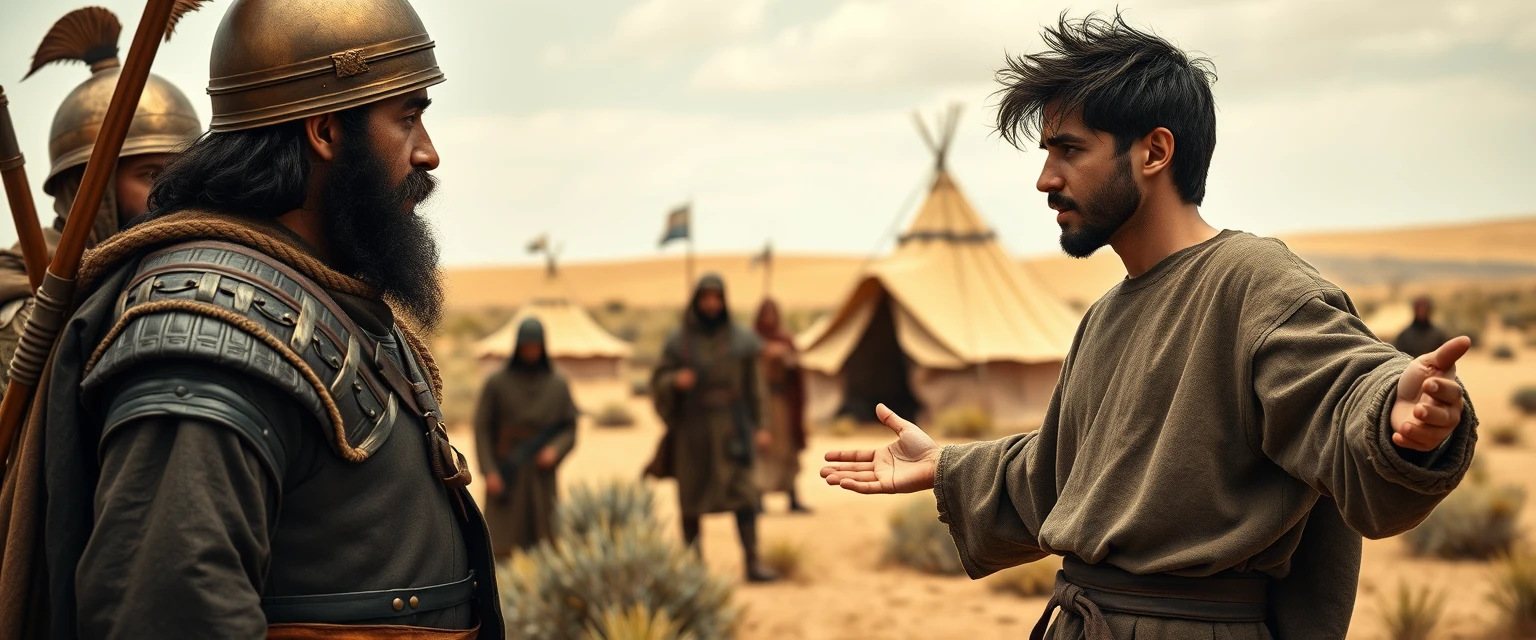 Create a scene of two men standing apart, arguing and staring at one another. The man on the right is a young Jewish lad and is dressed in a simple shepherd's tunic with his arms stretched out to the sides. He has dark, messy, unkempt hair and a beard and looks shocked. The man on the left is a middle-aged Jew, has a black Jewish beard, and is wearing a full suit of biblical-era leather lamellar armor, along with a brass conical helmet that has a pointed tip. A group of four soldiers is gathered next to the man on the left. In the background, there are Arabic army tents pitched on desert shrub land. The overall mood of the image is one of anxiety and concern. - Image