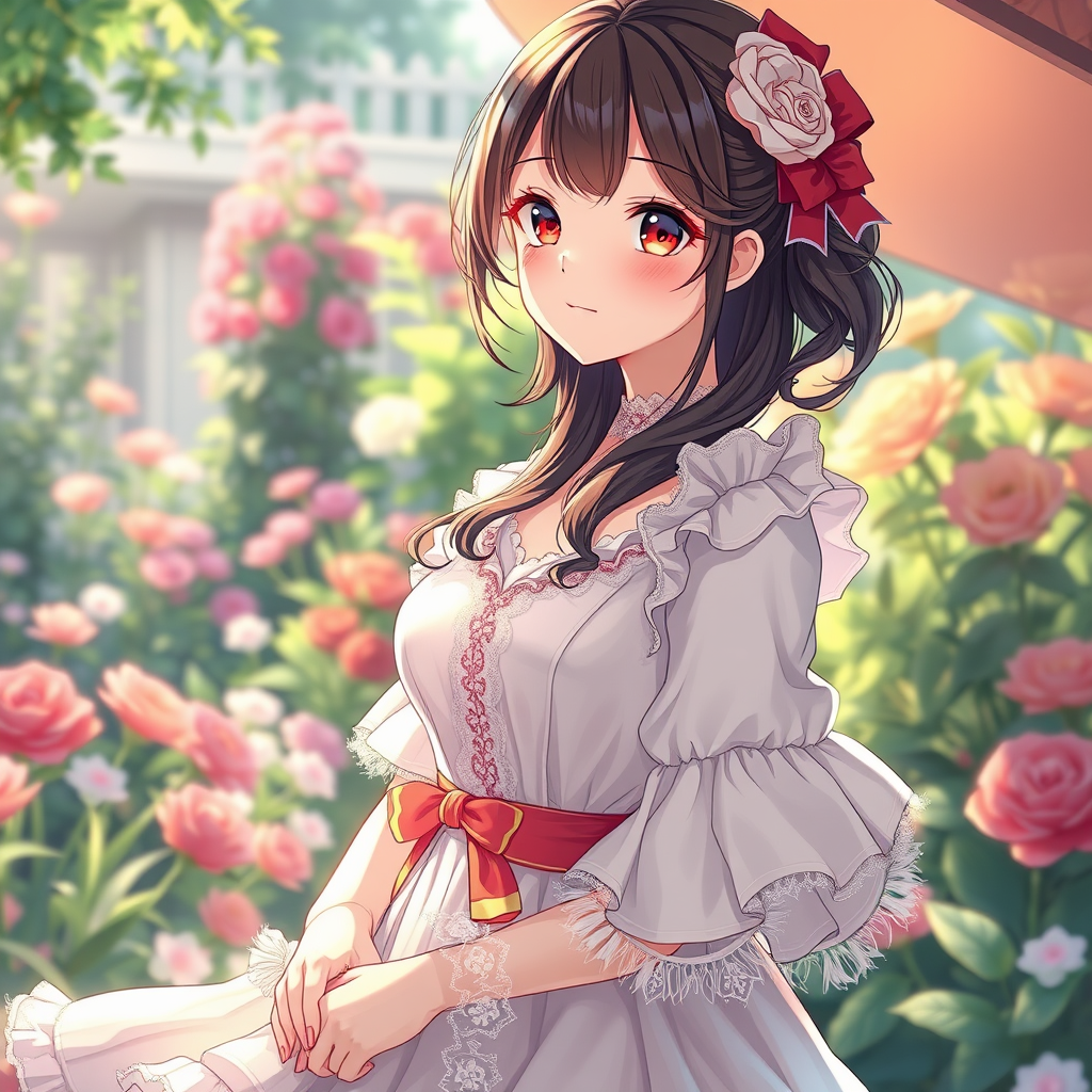 Anime art of a motherly woman, beautiful, frilly dress, detailed scene, stunning details, trending on ArtStation, garden, ray-traced environment, anime artwork.