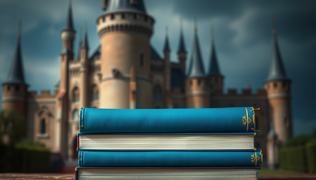 stack of blue books with blurred castle background - enchanting fantasy book cover or literature concept.