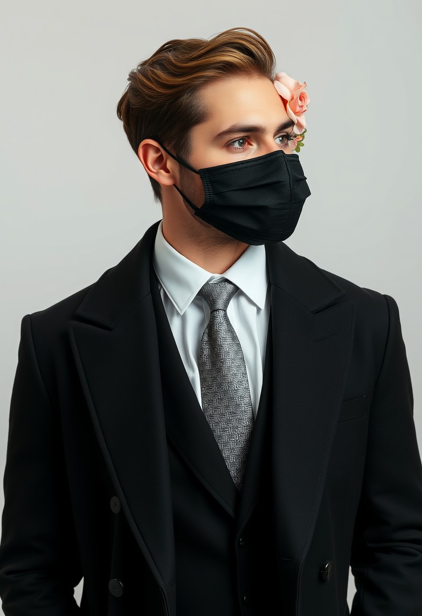 Jamie Dornan's head and body shot, handsome, young, black face mask, white shirt half-buttoned, grey patterned tie, black coat suit, dating love with the biggest soft pink hijab girl, beautiful eyes, black face mask, biggest floral juba, hyper-realistic, studio photography.