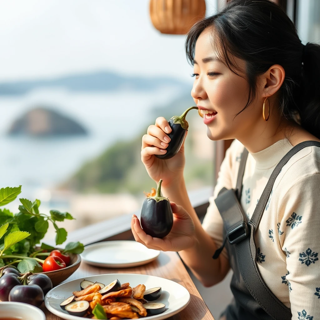 "Korean young woman eating eggplant, recording journey moments, good mood, soul relaxation, Cheung Chau Island adventure, photorealistic style."