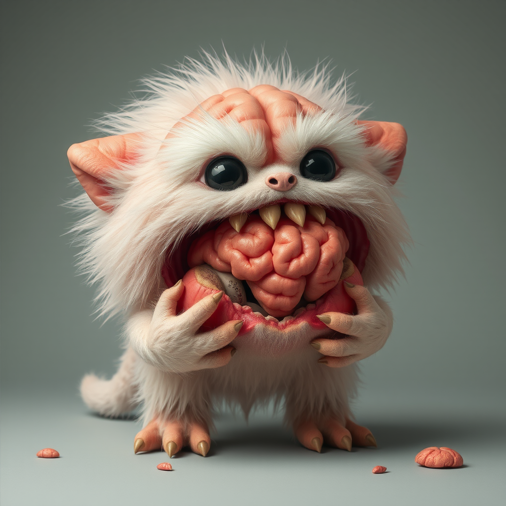 A fluffy cute baby monster eating a huge human brain.