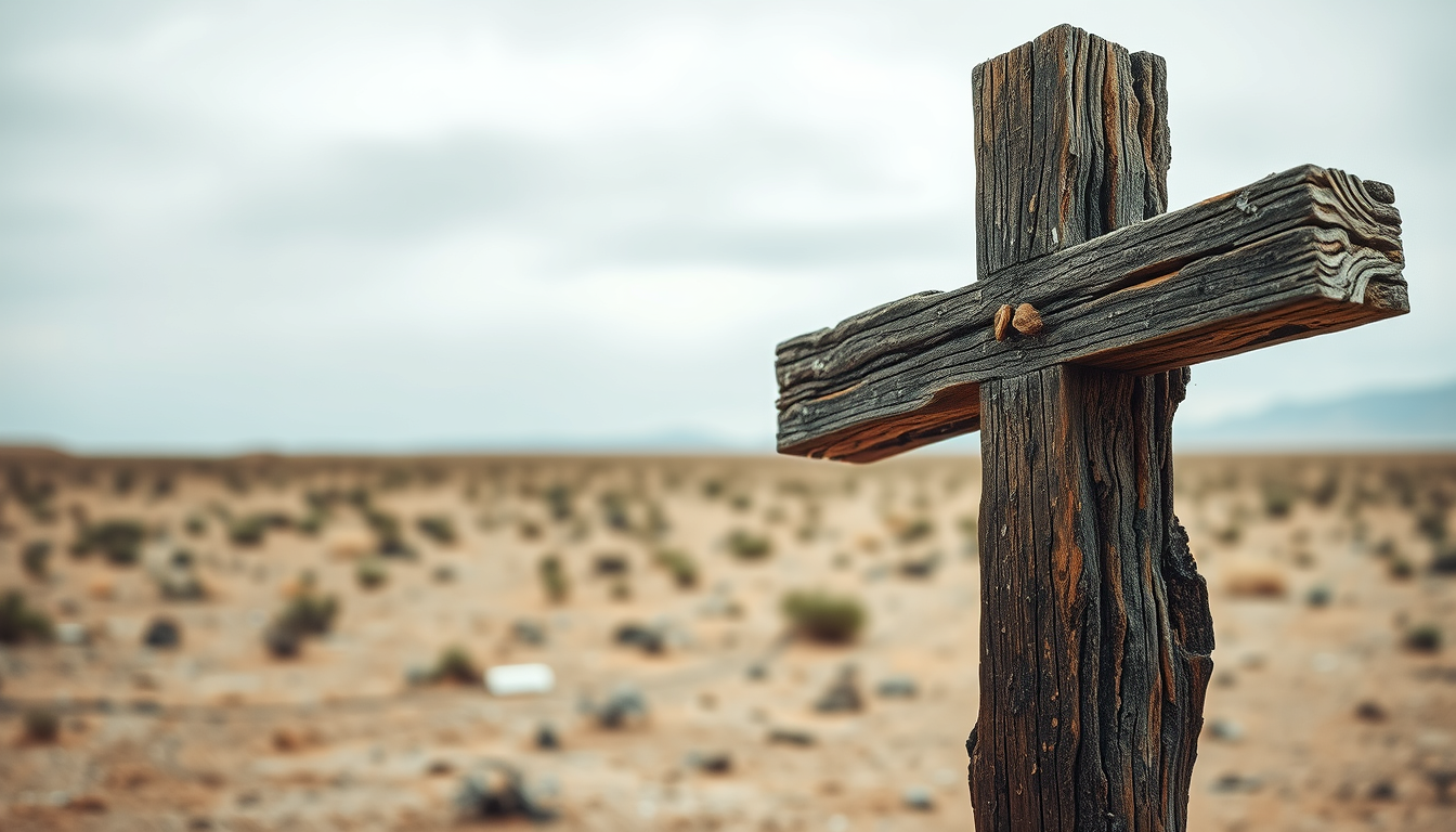 A wet wooden cross that is crumbling with visible signs of bad fungal degradation, wet rot, and dry rot. The cross is standing in a barren desert landscape. The overall feel is depressing and desolate. - Image