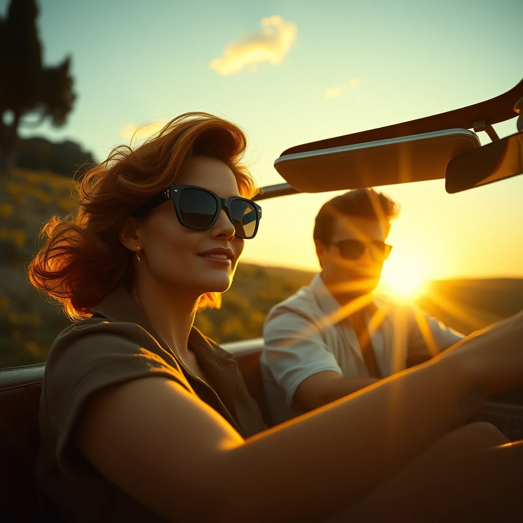 vintage 1950s Italian countryside, beautiful redhead woman with sunglasses, with young Elvis Presley driving wide angle sunset cinematic lighting black plastic sunglasses anamorphic flares