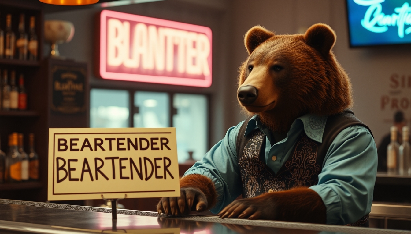 A movie still featuring a bear in a fancy shirt bartending, with a sign saying "BEARTENDER" standing on the bar.