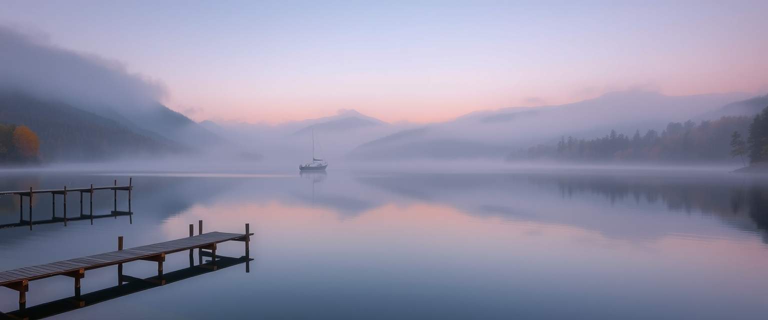 Tranquil, misty lake, surrounded by mountains, serene, high quality, photorealistic, reflection, peaceful, morning fog, autumn colors, wooden pier, fishing boats, sunrise, sunset, misty mountains.