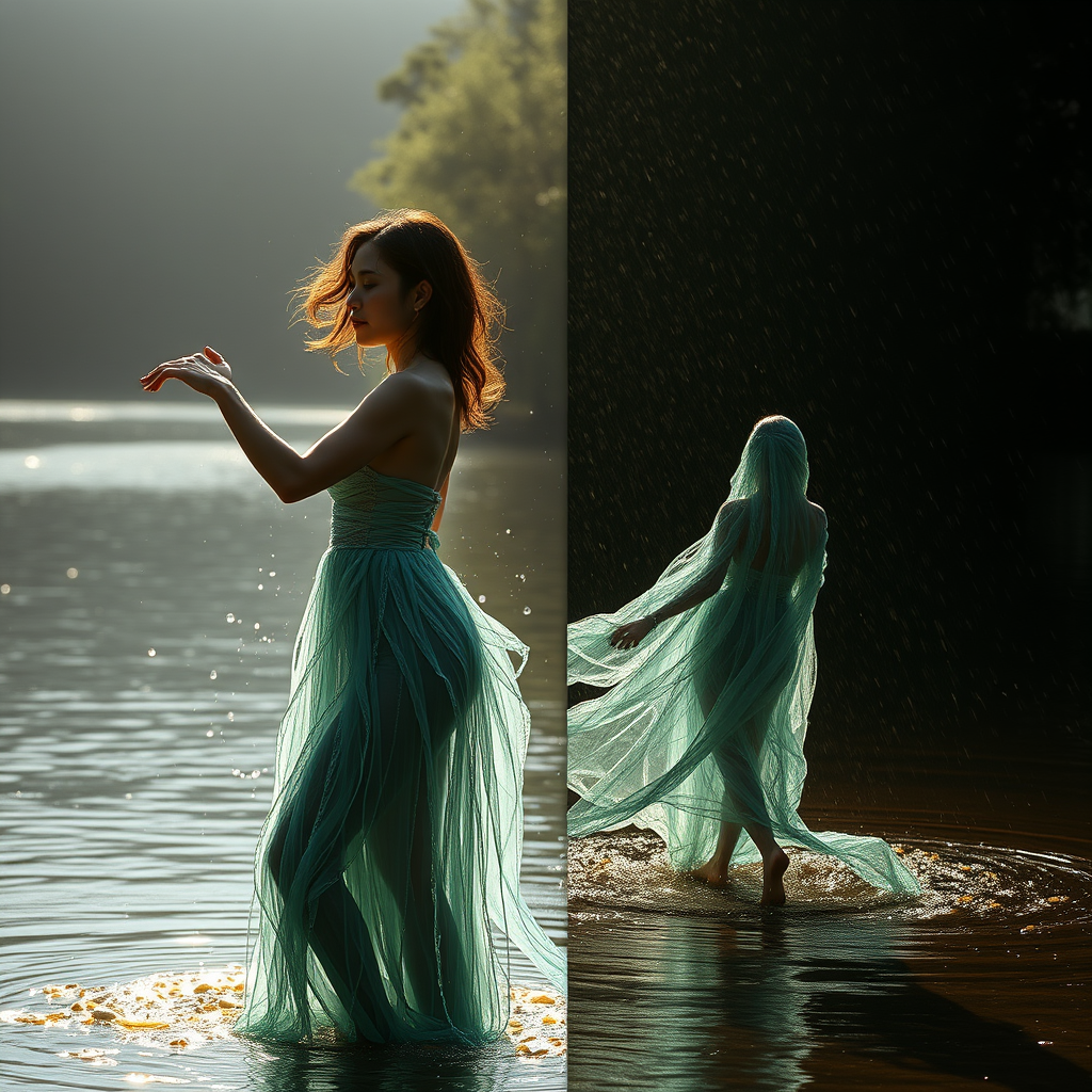 Riverside, dancing woman wearing a dress made of water, side view, full body view, strong light falls on her, water pours from the sky.