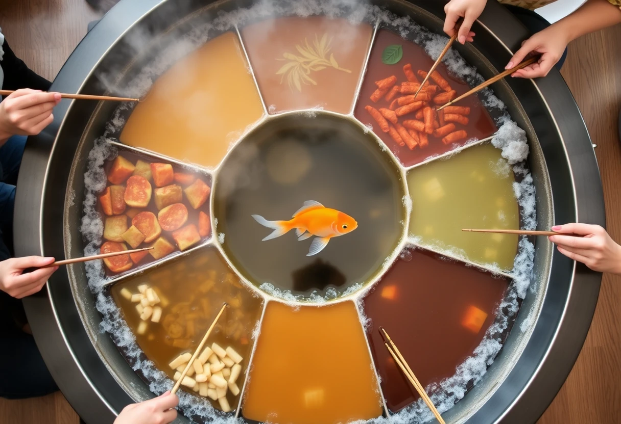 A large circular hot pot divided into a nine-square grid, each section a different color, with boiling water cooking various ingredients. Only the center section contains clear water, where a goldfish swims. Four people surround the hot pot, using long chopsticks to pick and eat food from it. The view is at a 45-degree angle from above.