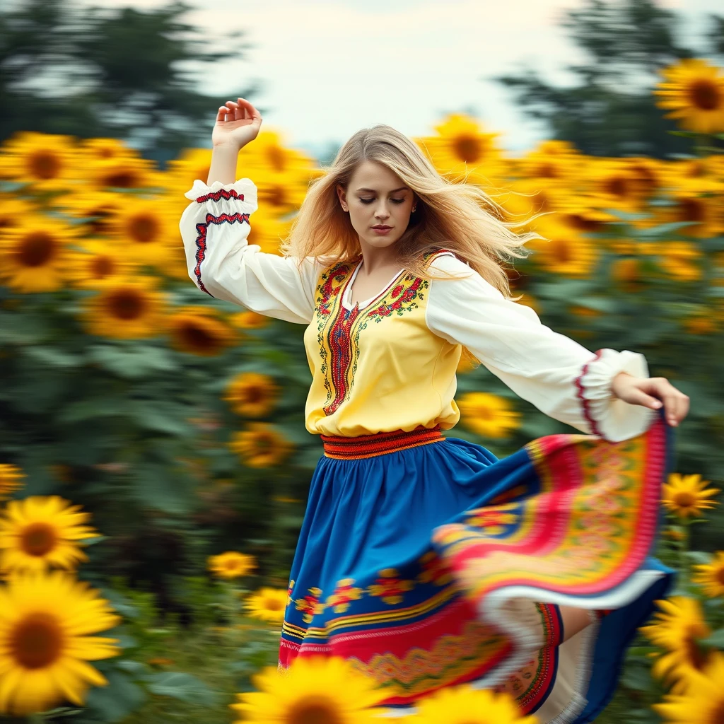 A Ukrainian woman dancing in a sunflower field, 20 years old, blonde, with light in her eyes, (Ukrainian traditional costume: 1.4), Style by Rick Remender, Motion blur, Movement, Full body, Award-winning work. - Image