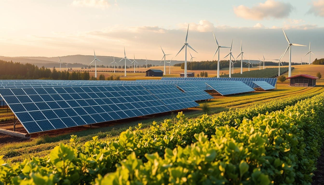 A wide-angle shot of a modern, eco-friendly farm with solar panels, wind turbines, and organic crops in the foreground. - Image