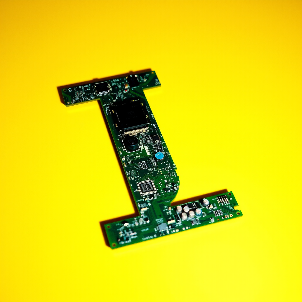 A letter "I" made of a computer motherboard, yellow background, realistic photograph.