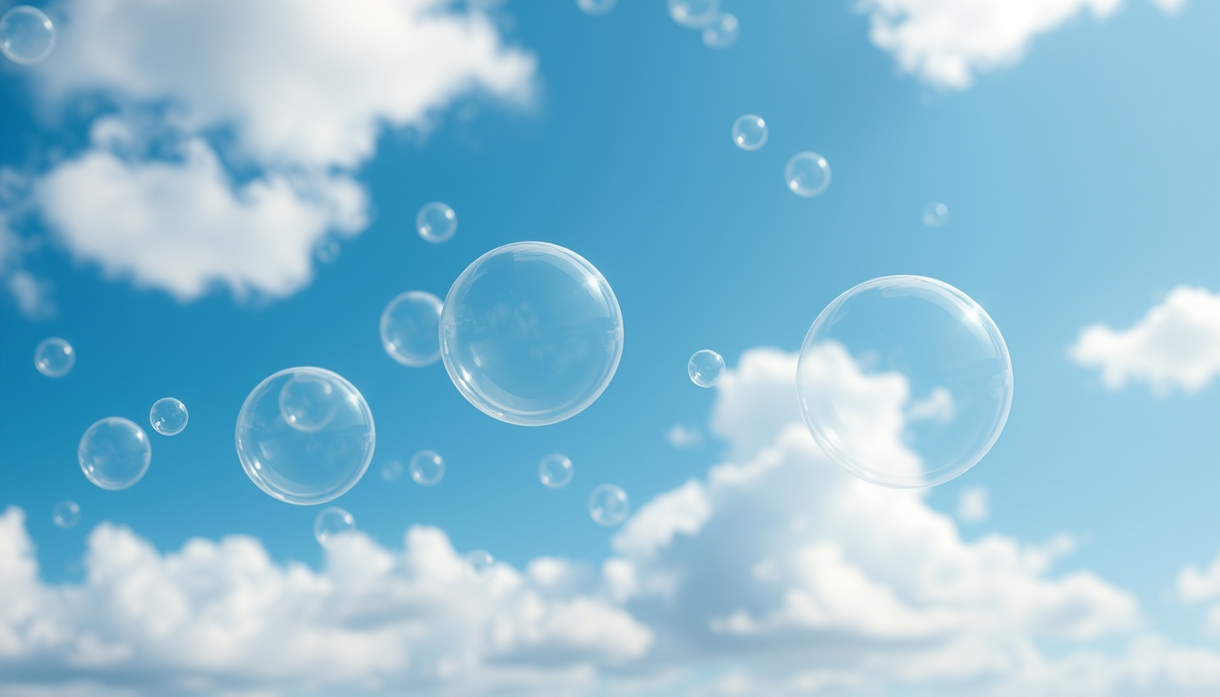 Soft bubbles floating in a blue sky with clouds, abstract nature-inspired wallpaper, high detail and vibrant. - Image