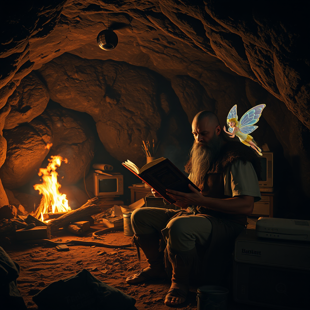 Real-life photography: At night, in the cave, there is a barbarian reading a book. The cave is very large, with a bonfire, a 90s desktop computer, and some messy household items. A fairy resembling a magical girl is flying beside him. - Image