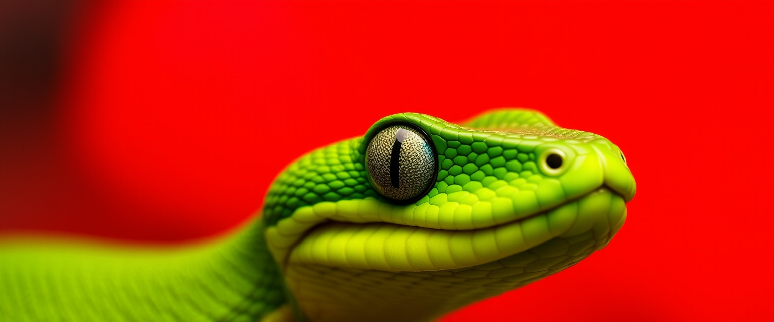 Close-up of vibrant green viper in red bokeh background highlighting scales and eyes.