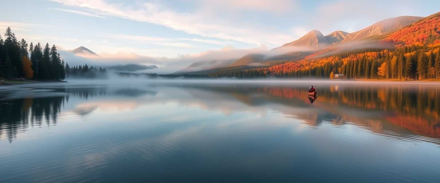 Peaceful, serene lake, mirror-like surface, misty morning, high quality, photorealistic, majestic mountains, pine trees, colorful autumn foliage, reflection, tranquil, secluded, remote, idyllic::0.7 kayaking, canoeing, rowboat, sunrise, sunset