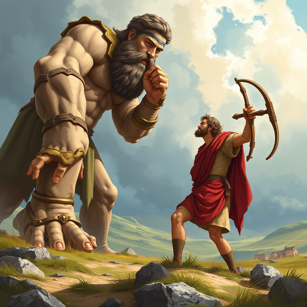 "Illustrate the moment David faces Goliath, with David holding a slingshot and Goliath towering over him, set in a dramatic landscape." - Image