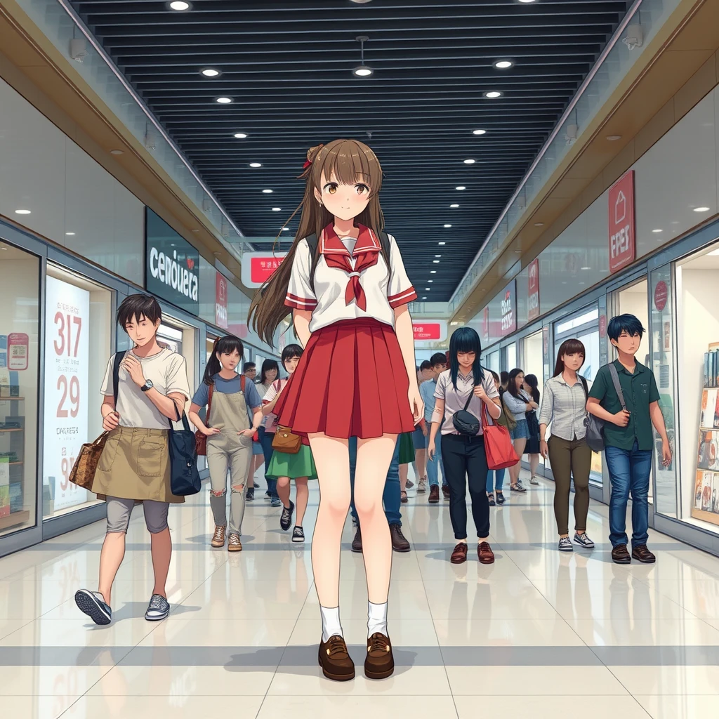 In the shopping mall, there are many people, and among them is a Japanese schoolgirl in a short skirt who is a giant, very tall.