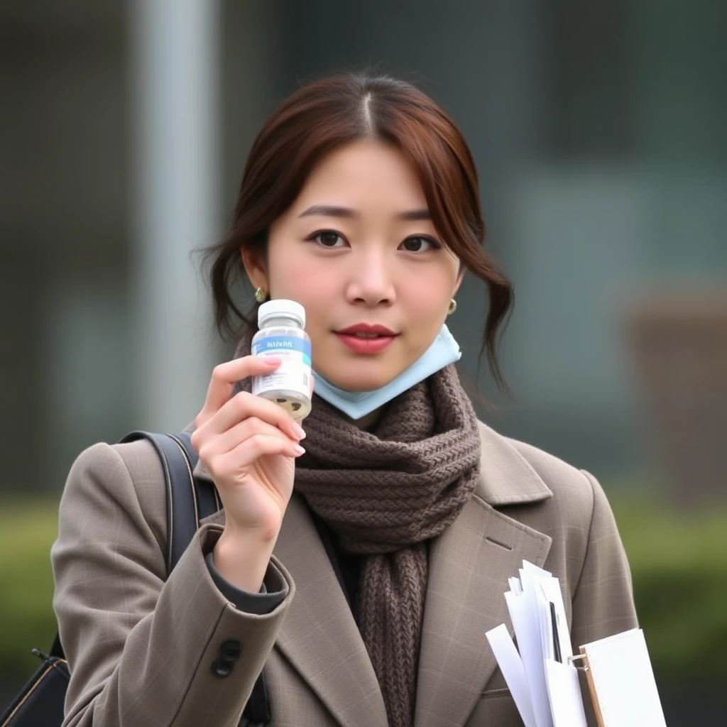 Korean actress Shin Se-kyung is pictured holding a medicine bottle as she goes to work. - Image