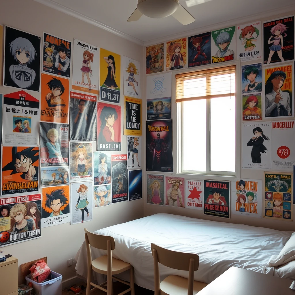 In a room, one wall is covered with many posters, including those of Rei Ayanami, Asuka Langley, Neon Genesis Evangelion, Dragon Ball, Rurouni Kenshin, Masakazu Katsura's Video Girl Ai, Castle in the Sky, and more. It is a girl's bedroom, which has a window, a bed, and a table with chairs. - Image