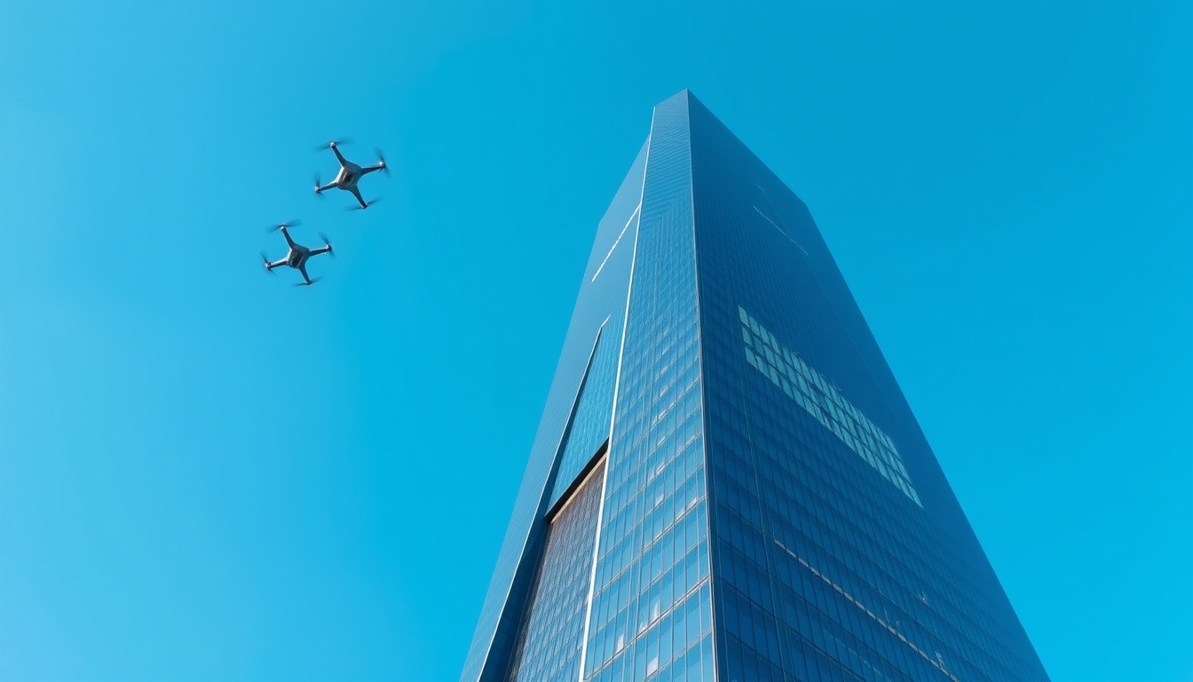 A towering skyscraper with sleek, reflective surfaces and innovative design elements, set against a clear blue sky with flying drones in the distance.