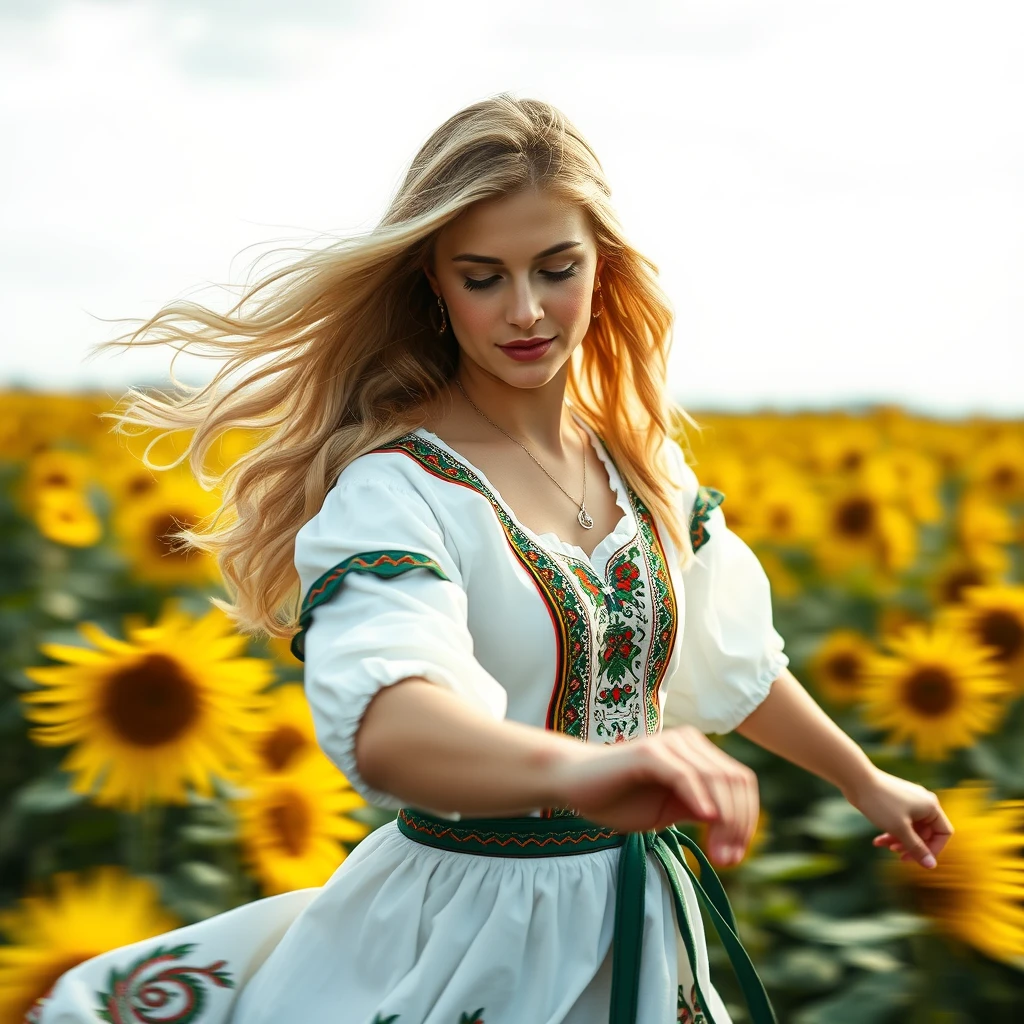 A Ukrainian woman dancing in a sunflower field, 20 years old, blonde, with light in her eyes, (Ukrainian traditional costume: 1.4), Style by Rick Remender, Motion blur, Movement, Full body, Award-winning work.