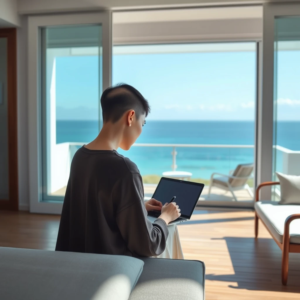 A 40-year-old Korean woman with a buzz cut hairstyle, sitting on a terrace inside a house overlooking the blue ocean, writing on a laptop. The scene captures her from behind, with the ocean view visible through large glass doors. The terrace has a serene, modern aesthetic with wooden flooring and minimalist furniture. The atmosphere is calm and peaceful, with sunlight gently illuminating the space. The woman is focused on her work, creating a contrast between the tranquility of the environment and her concentration. --v 5 --ar 16:9 --q 2 --style 4a