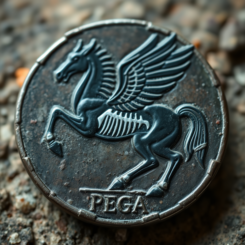 Photography of a symbolic abstract image depicting a black Pegasus, with exposed white bones. The image is represented on the surface of an old coin, found at a ruin. A text "PEGA" is printed at the bottom of the image. - Image