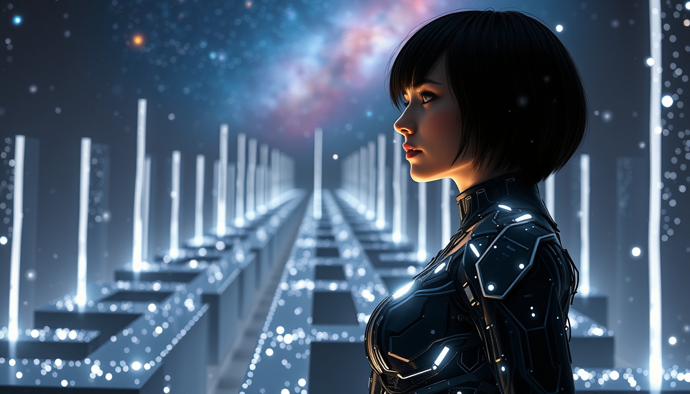 Interpretation of a cyborg woman (with short black hair). She is wearing a black and transparent electronic suit made of electronic components intertwined with white light. Particles of light are floating around her, and she stands in the center of a futuristic maze (a beautiful maze with tall walls made of stars) set against a galaxy backdrop. The style features mechanical realism, human relationships, and mythological themes. --Chaos 10 --ar 16:9 --v 5.2 --stylize 150 - Image