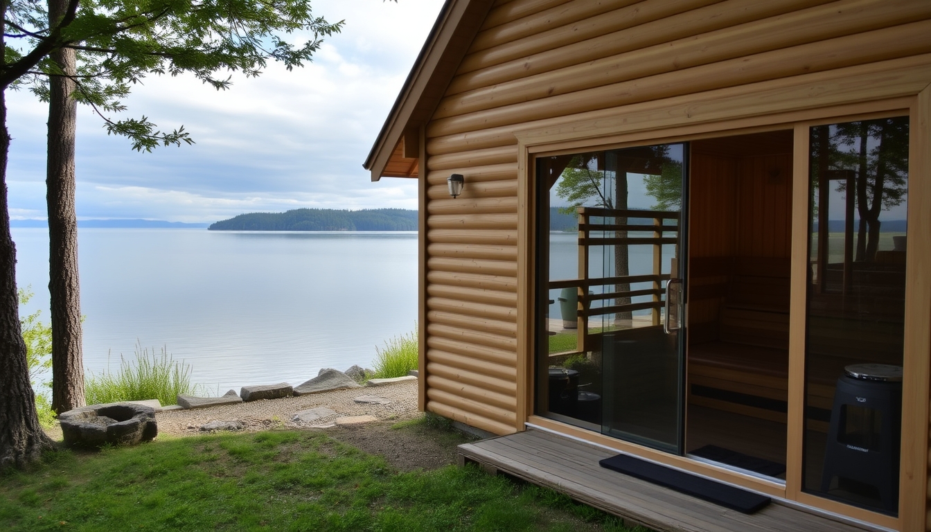 A peaceful lakeside retreat with a glass-fronted sauna overlooking the water.