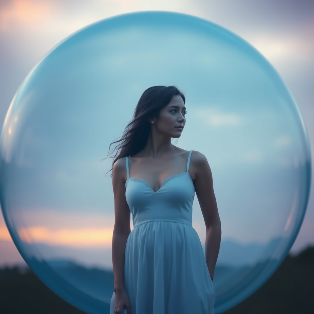 A beautiful Instagram girl standing inside a blue bubble, cinematic, romantic. - Image