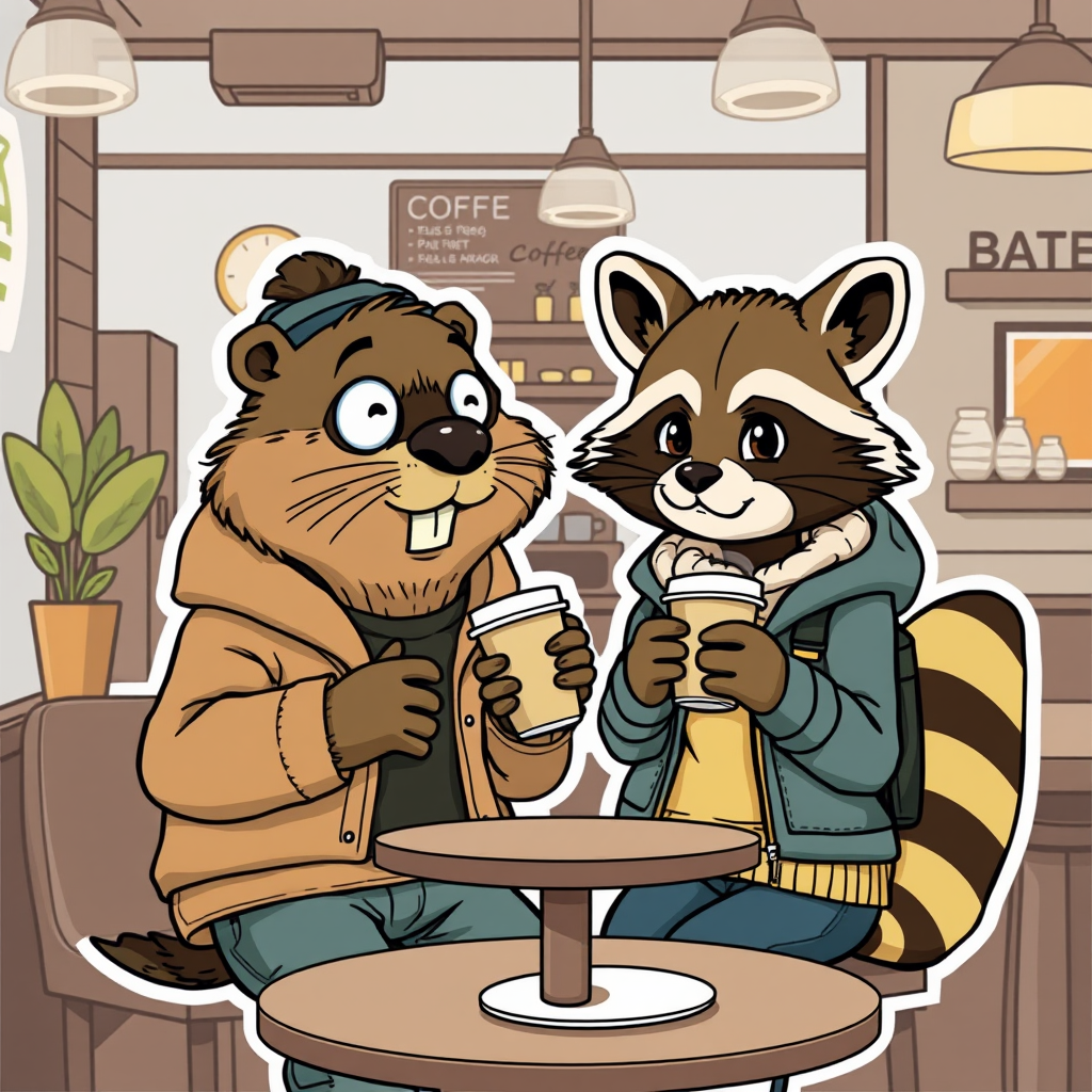 Cartoon guy beaver and girl raccoon, dressed in human clothes, drinking coffee in a coffee shop. sticker style.