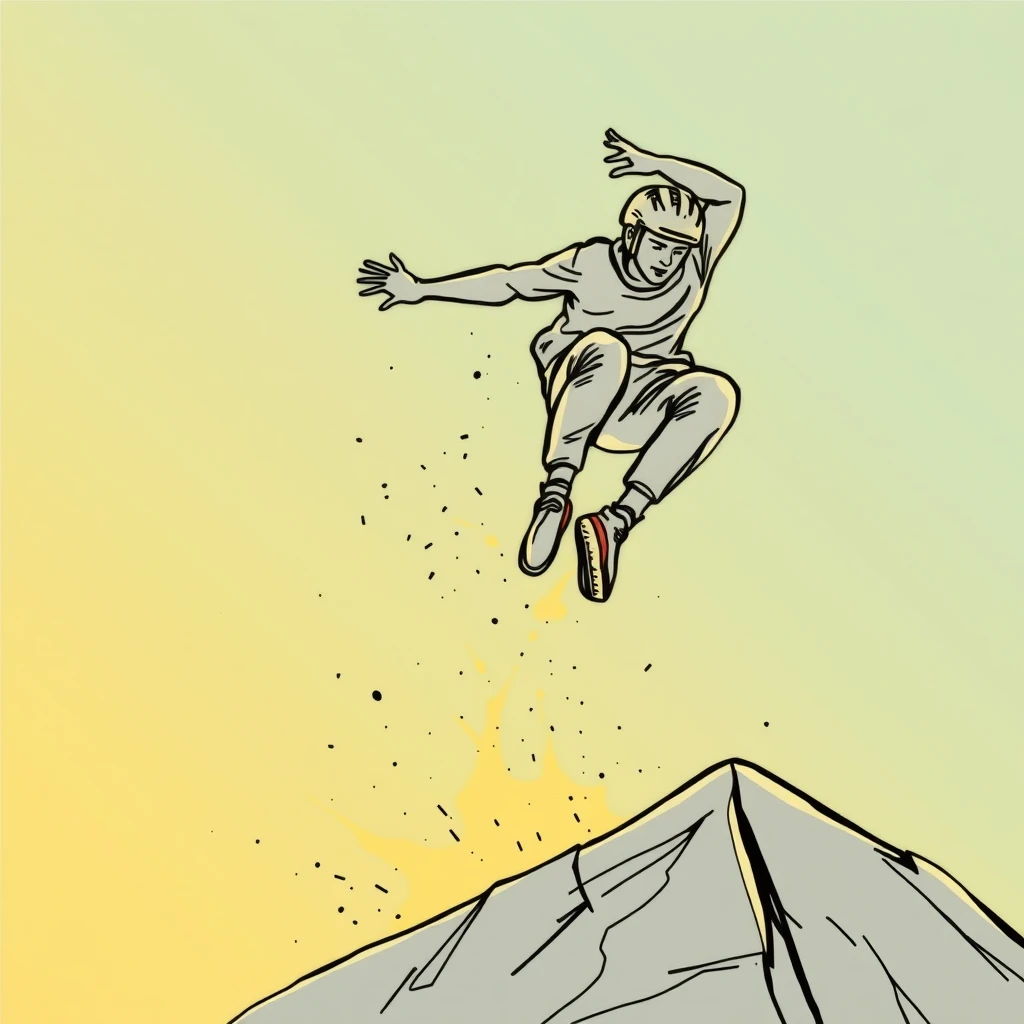 Splash image of parkour vault action with outline processing for a sense of speed, drawing emphasizing simplified outline.