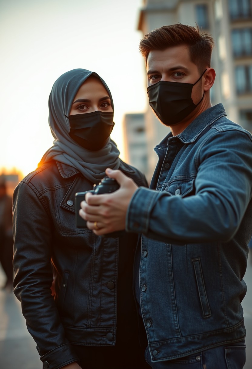 Jamie Dornan's head and body shot, handsome, black face mask, denim jacket, jeans, dating, love couple, with the biggest grey hijab Muslim girl, black face mask, beautiful eyes, black leather jacket, biggest skirt, taking picture, DSLR Canon camera, sunset, hyper realistic, street photography, selfie. - Image