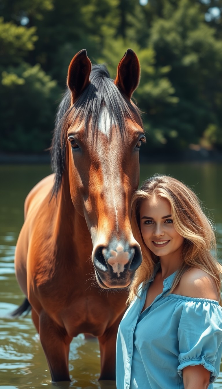 a realistic photo of an ugly brown horse with black mane and white belly, standing in water, a beautiful woman is near the horse wearing light blue shirt looking at the camera, summer, lake, nature, green trees, summer day, natural lighting, sunny, shot by National Geographic - Image