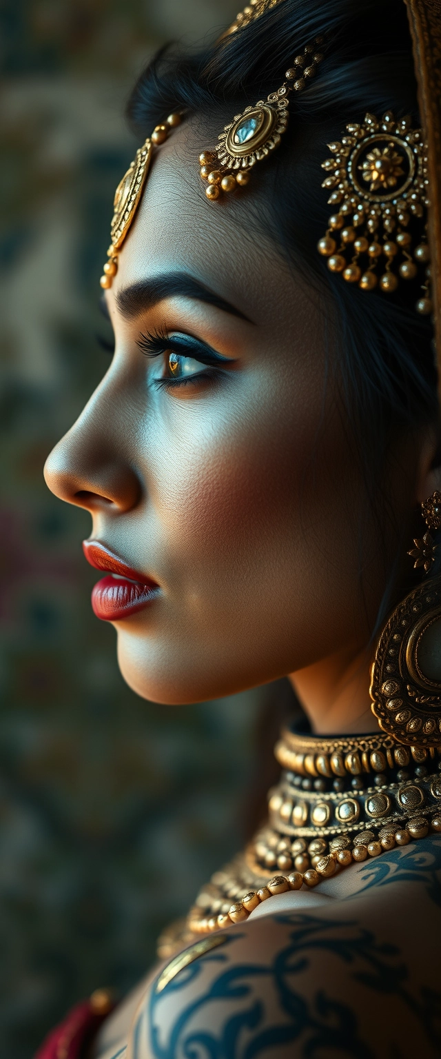 Close-up view of the side of a fair-skinned, beautiful Indian Persian woman with stunning facial features and realistic skin, possessing a perfect body that is heavily tattooed and adorned with heavy gold ornaments all over. - Image