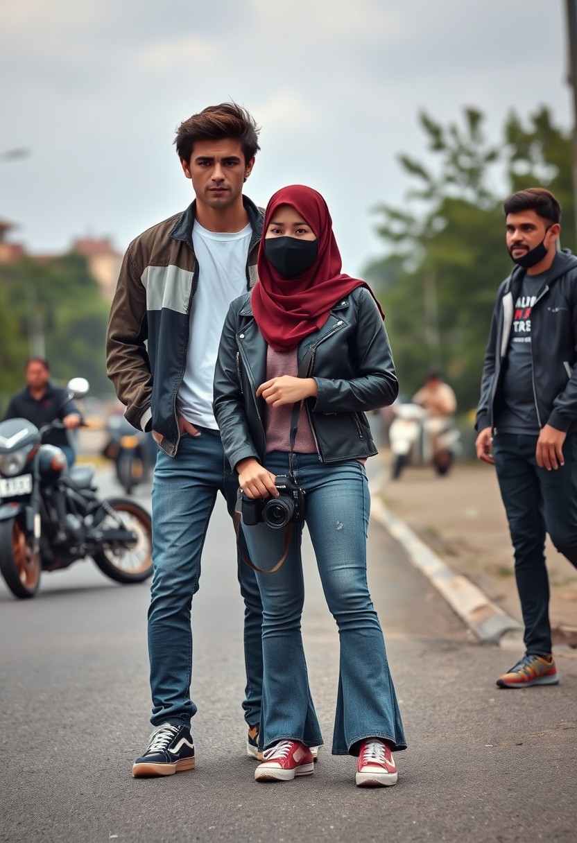 Jamie Dornan and Freddie Prinze, head and body shot, young, serious face, dark brown hair, white T-shirt, collage jacket, skinny jeans, sneakers, standing, discussing with the two guys and a short, slim Muslim girl wearing a red hijab, beautiful eyes, black face mask, black leather jacket, grey long T-shirt, bell-bottom cutting jeans, red sneakers, holding a Canon DSLR camera, near a town road, superbike, hyper-realistic, street photography, full body photo, three other random strangers in the background.