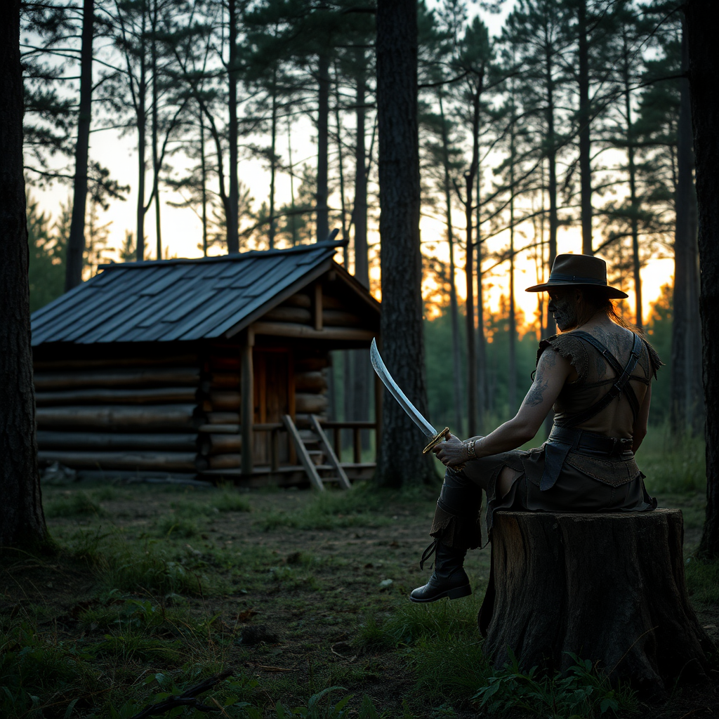 Real-life photography: In the evening, in the forest, there is a wooden cabin, and not far away, a female barbarian is sitting on a wooden stump, holding a dagger. In the distance, there is a dressed zombie wearing a hat, and she is watching the zombie.