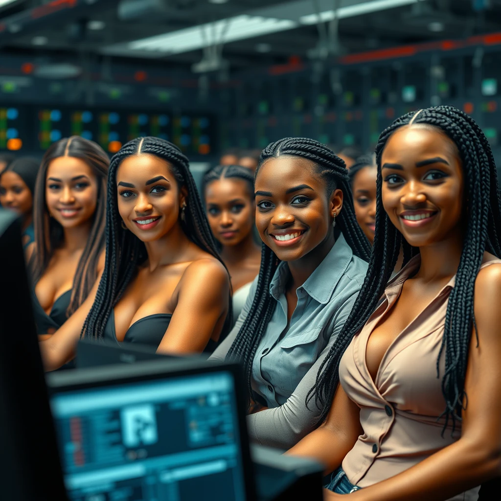 Realistic picture of a modern network operations center filled with attractive professionals aged 20 to 32, dressed impeccably, with perfect figures, faces, eyes, teeth, and bodies. Athletic builds, muscular arms, fit and strong, long hair, long black braids, natural breasts, atmospheric lighting, cinematic composition, detailed and natural light, 4K high detail, epic, with accessories, working on computers. - Image