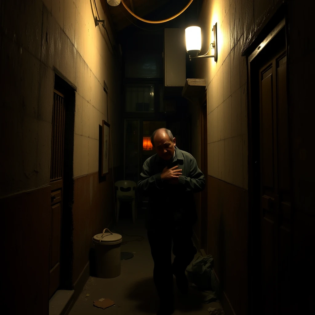 In the dark and narrow alley of an old residential building, Li Hánxiāo, suffering from a heart condition, painfully clutched his chest and stumbled away. - Image